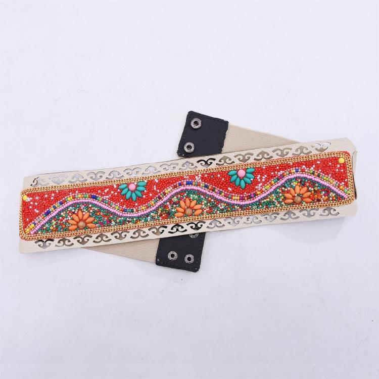 Ethnic Beaded Waist Cincher Stretch Waistband Bohemian Belt Body Girdle Feature Floral Accent for Women's Clothing