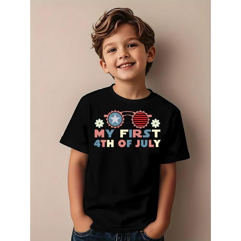

European Size Boys Round Neck Short Sleeved T Shirt with Sunny Style Pattern Print 98cm чёрный