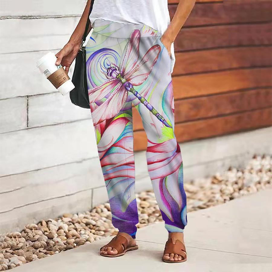 Women Dragonfly Printing Pants Lace Up Elastic Waist Loose  Trousers Casual Long Pants Trousers with Pockets