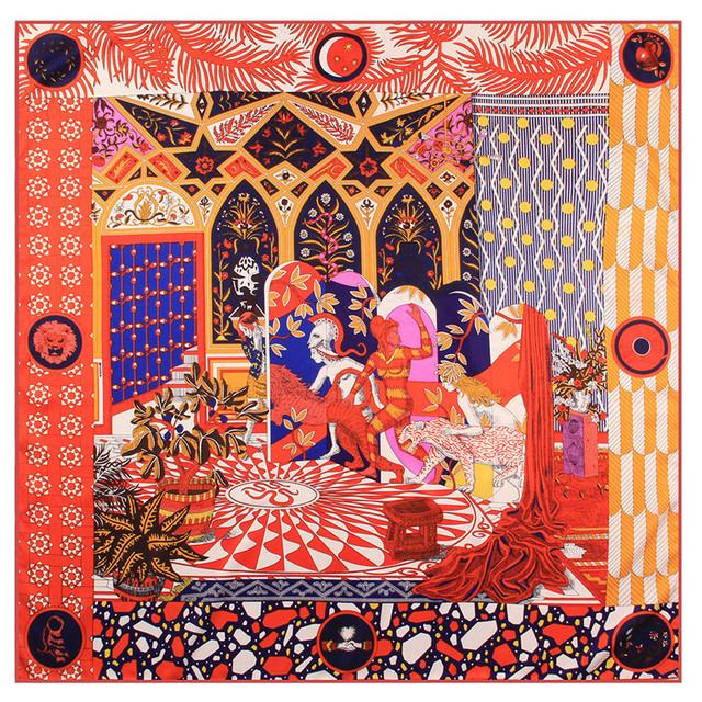 Manual Hand 90cm Rolled Twill Silk Scarf Women Palace Print Square Scarves Wraps Echarpe Curled Foulards Femme Bandana Hijabs