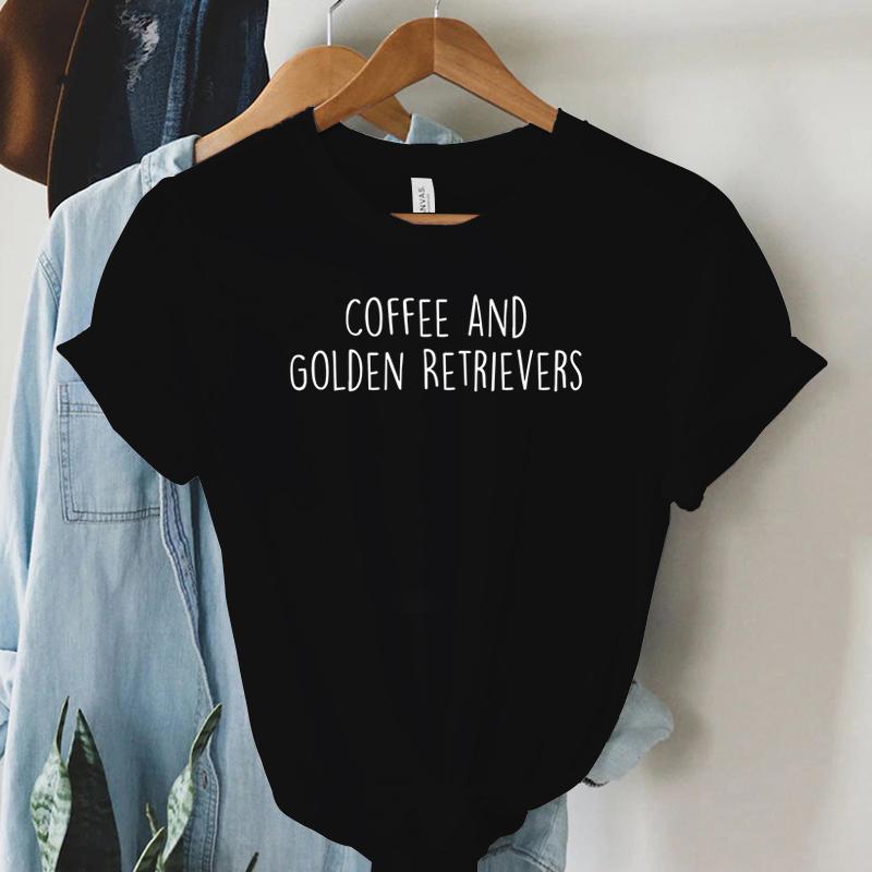 Coffee and Golden Retrievers Shirt Dog Lover Gift Tshirt Female Womens Clothing Round Neck Casual Tops Womens Clothing Sales