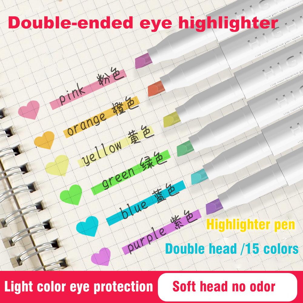 15 Colors Double Headed Highlighter Fluo Marker Set Art Drawing Pens Pastel Stationery Double Tips for Highlighting Coloring