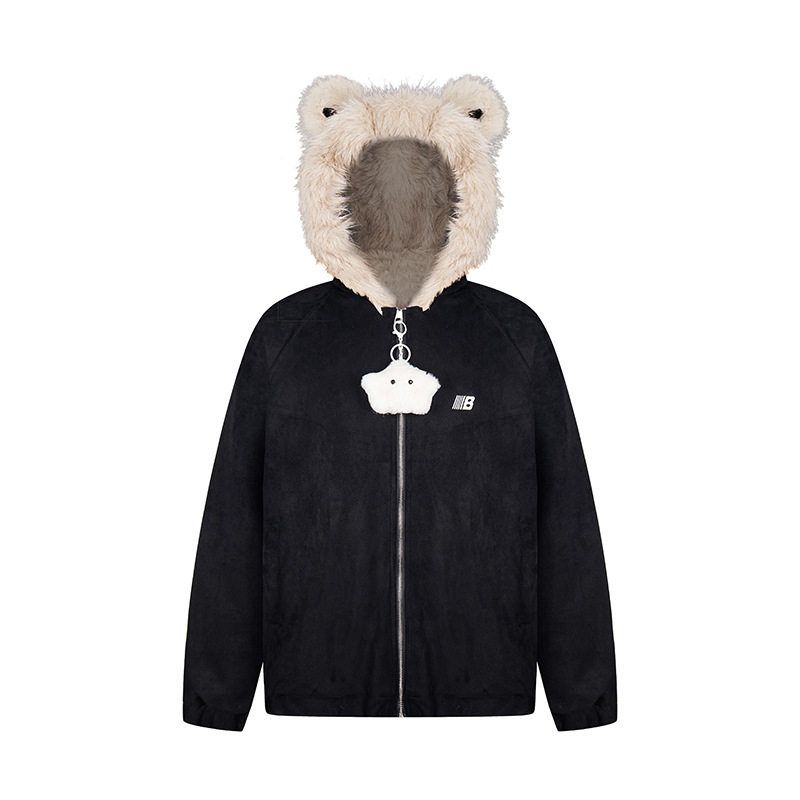 Plush Stand-Ear Suede Hooded Cotton Jacket for Men and Women, Couple s Warm Top, Oversized Women s Clothing for Export, European and American Style Black XL(I Recommend a Chest Size of 125 or Less)