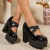 Woman High Heels Large Size Spring Elegant Cross Strap Black Chunky Heel Mary Jane Shoes Retro Versatile Slip On Platform Pumps