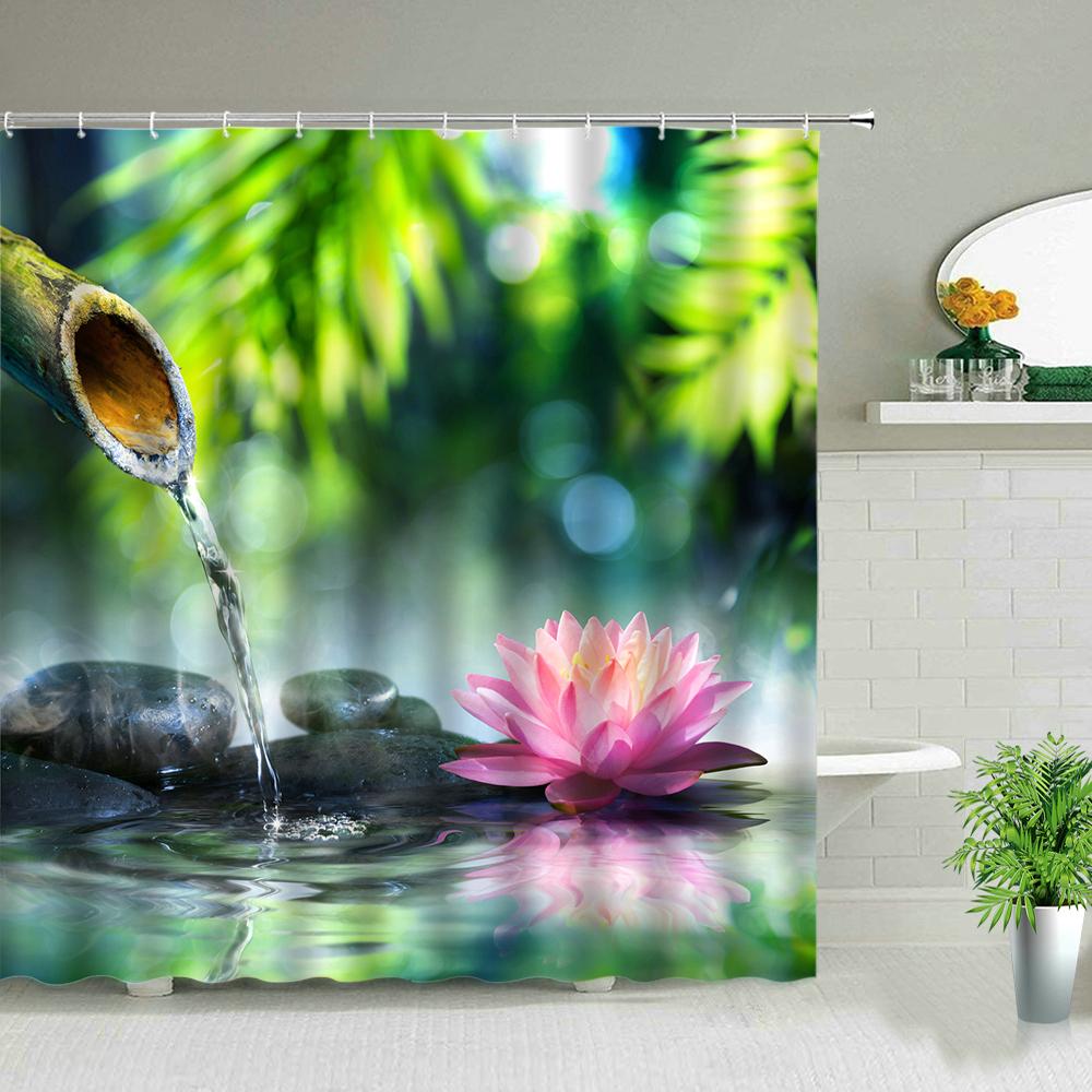 Zen Landscape Shower Curtains Flowers Plant Green Bamboo Black Stone Scenery Bathroom Decor Waterproof Cloth Hanging Curtain Set