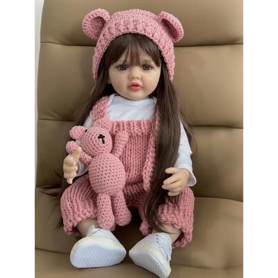 Lebensechte wiedergeborene Babypuppe, 55 cm, 22 Zoll, weiches Silikon, langes braunes Haar, realistische Prinzessin, Kleinkind, Bebe, Geburtstagsgeschenk