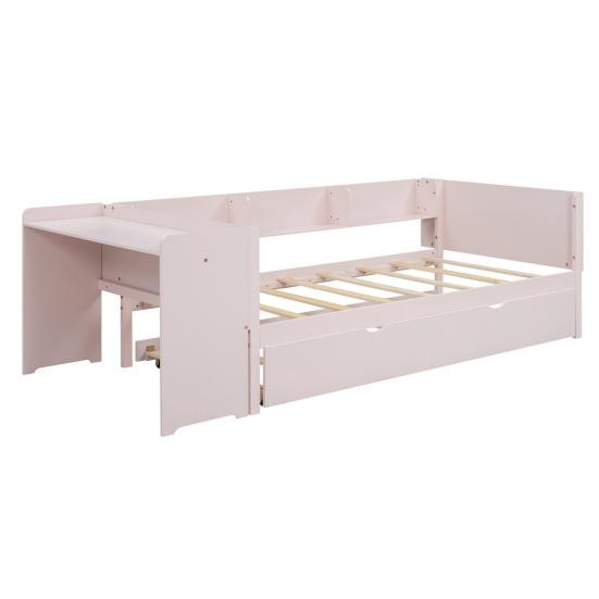 Single Bed 90x200cm Flat Bed Children Sofa with Pull-Out Computer Desk Three Shelves on The Side of Pink