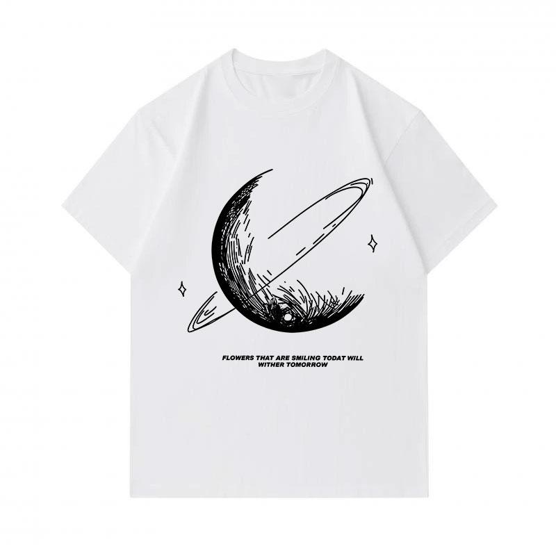 Men's 100% Cotton Crew Neck Short Sleeve T-shirt, Saturn Hand-drawn Sketch Planet Print Casual Tee With Slogan, Comfy Breathable Daily Wear Top For Me