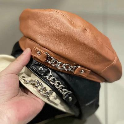 Women PU Leather Painter’s Beret Hat With Decor Chain Elegant Winter Warm Cap for Ladies Girls