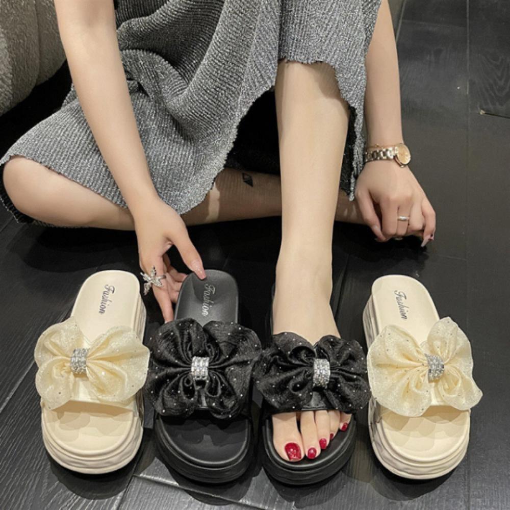 New Arrivals Open Run Women Cubic Point Ribbon Height Increasing Slippers Sandal