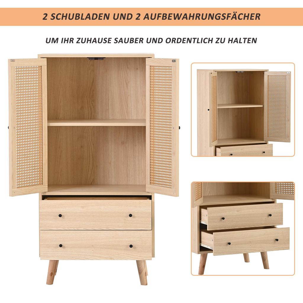 Flieks Chest of Drawers with 2 Large Drawers and 2 Doors, Bathroom Cabinet Made of Wood with Rattan Doors, 60 X 40 X 120 Cm