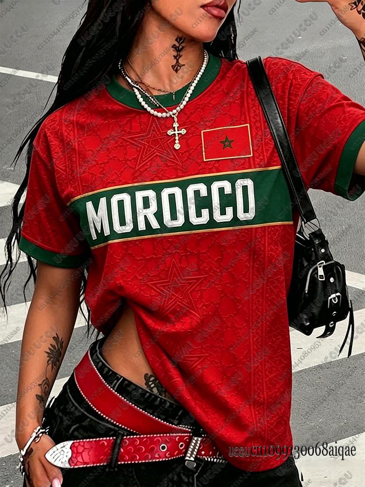 Letnie Nowe Vintage Print Marokański Damskie Krótkie Top O-Neck Patchwork Krótki Rękaw Sportowy Koszulka Piłkarska Y2K Maroko Street Top