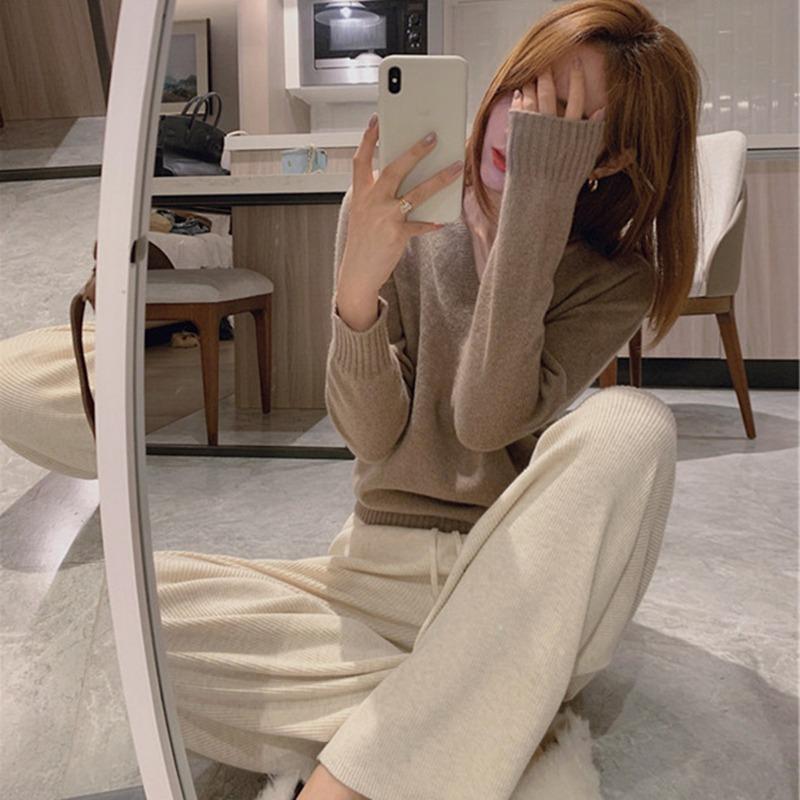 

Модные свободные женские трикотажные брюки широкого кроя на осень и зиму с высокой талией, прямые повседневные длинные брюки на шнурке, однотонные простые брюки, одежда 2366 XL хаки