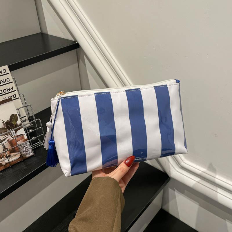 Striped Pvc Makeup Bag Waterproof Washable Zipper Cosmetic Pouch With Tassel Portable Travel Storage Hand Bag For Women Gift
