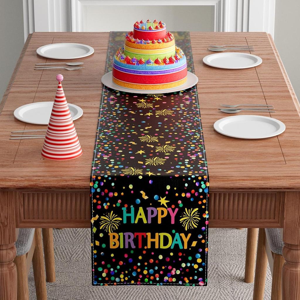 XCHI Colorful Happy Birthday Confetti Firework Table Runner Burlap Table Decoration for Home Kitchen Dining Dinner Indoor Holiday Party Farmhouse