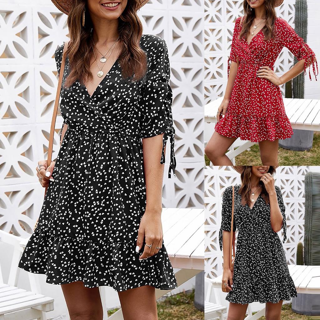 Fashion Women's Summer Sexy Deep V-neck Half Sleeve Print Ruffle Dress