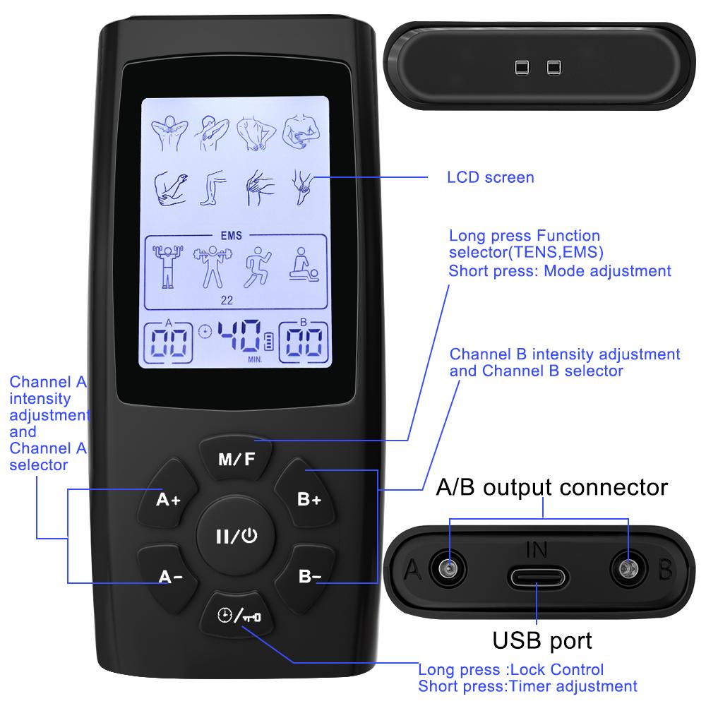 28 Modes TENS EMS Unit Muscle Stimulator for Pulse Pain Relief Rechargeable Portable Dual Channel 40 Intensity Body Massager