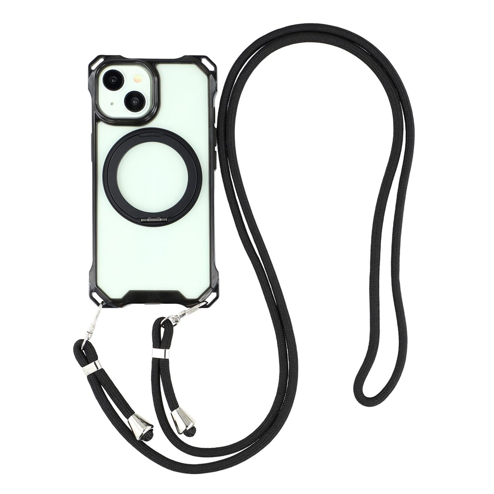 

For iPhone 15 Magnetic Case Ring Kickstand TPU + PC Phone Cover with Lanyard B