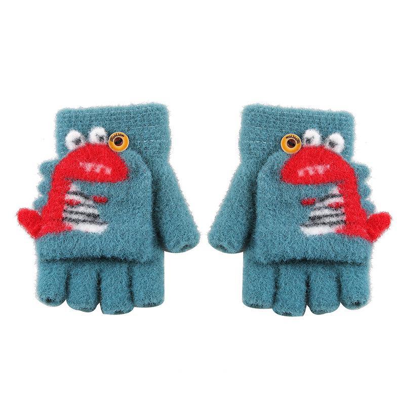 Dětské roztomilé kreslené dinosauří palčáky s odklápěcí horní částí: Hřejivé vlněné rukavice bez prstů na zimu