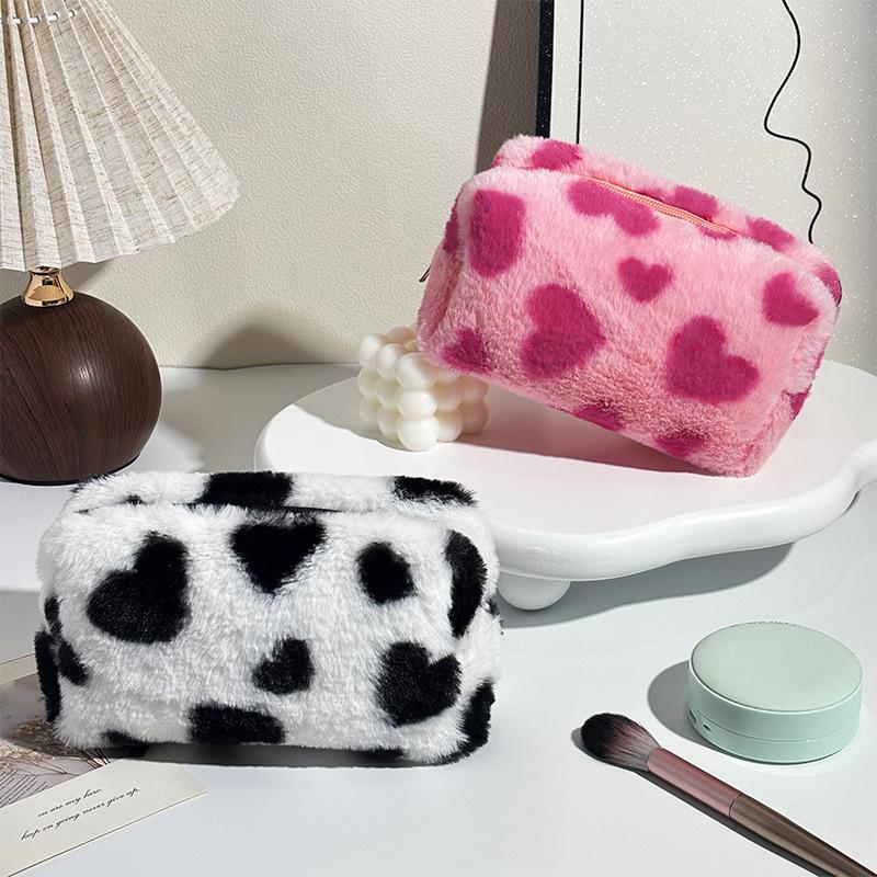 Cute Sweet Heart Pattern Plush Pencil Case Girly Women Large Capacity Cosmetic Bag Travel Portable Storage Bags Organizer Gifts