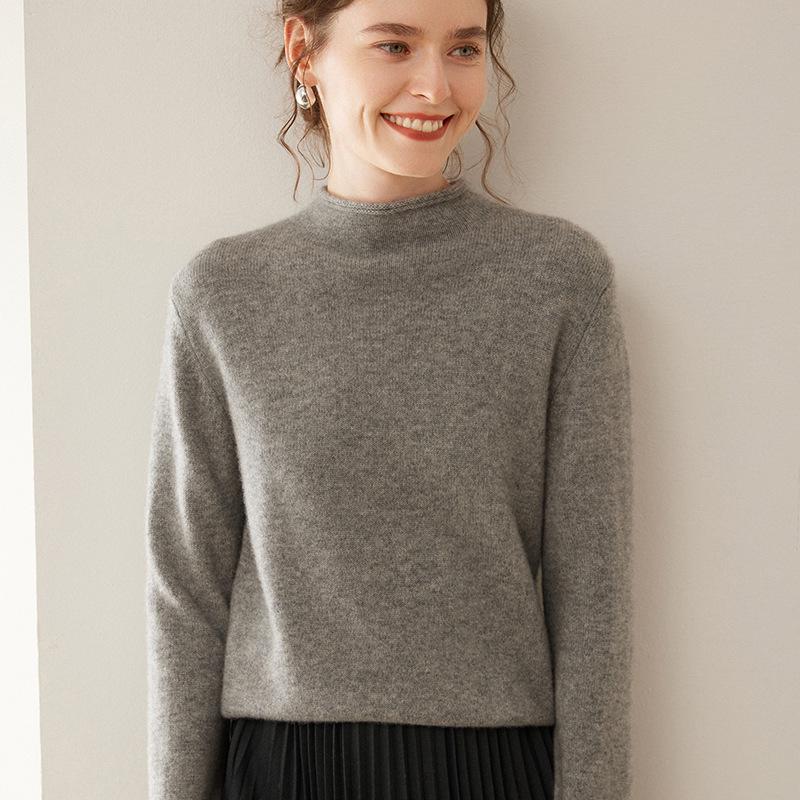 Women's Cashmere Rolled Hem Turtleneck Sweater: Pure, Double-Ply, Thick Knit, Short, Loose, Versatile Base Layer