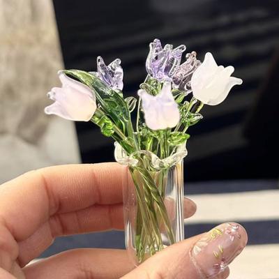 Handmade Glass Flower Decoration with Stem Hand-Blown Mini Floral Plants Figurine Home Living Room Office Table Flower Vase Ornament