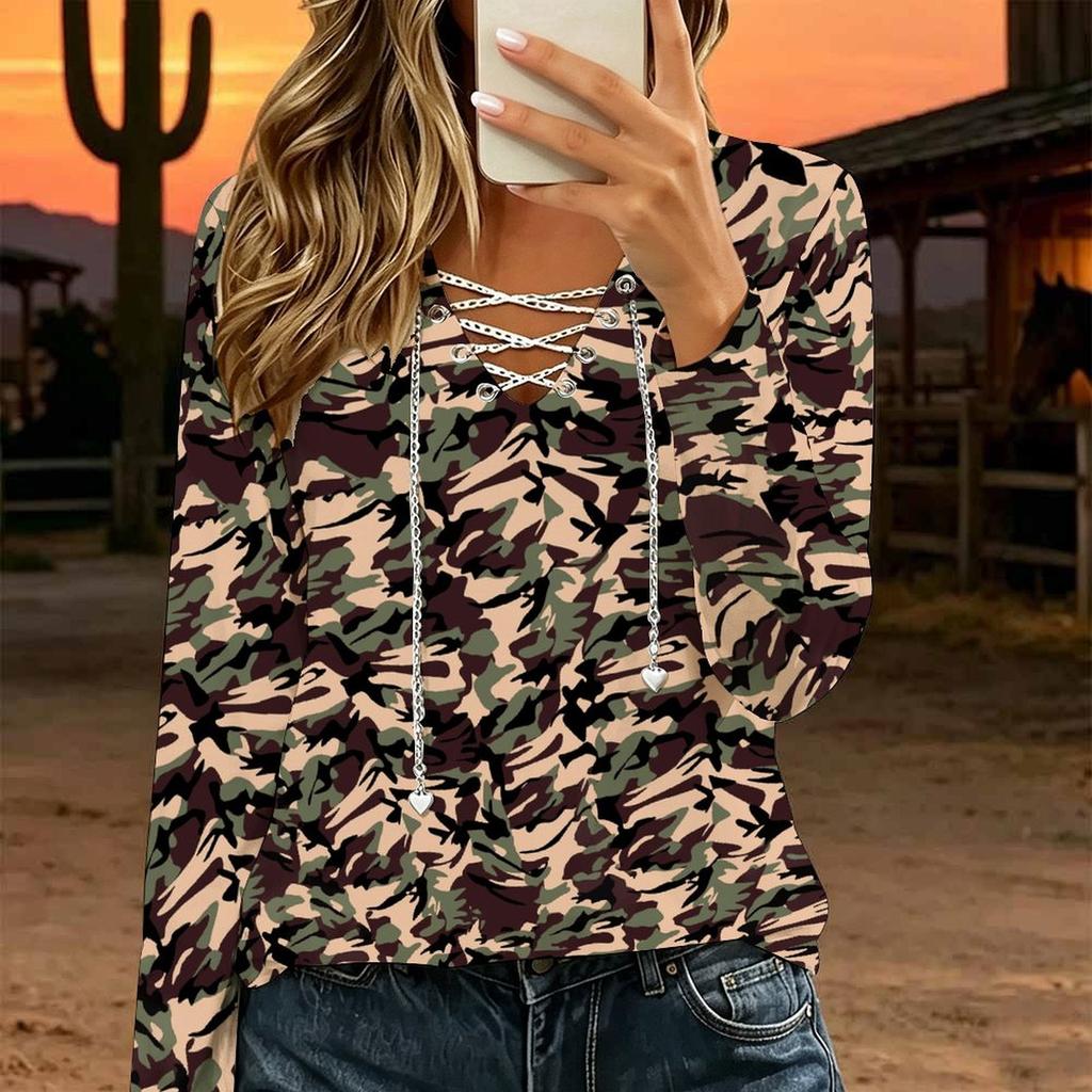 Women Plus Size Crisscross V Neck Long Sleeve Top Retro Camouflage Print Casual Loose Blouse