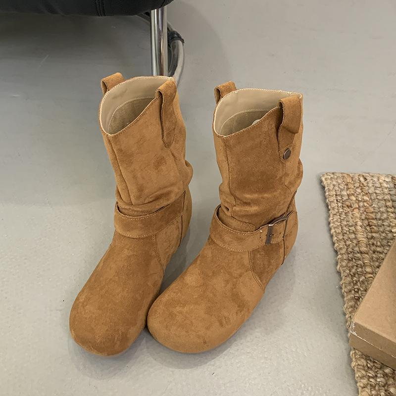 Round head Birkenstock short boots women's inner height increase western cowboy boots soft-soled knight boots