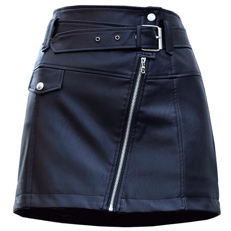 PU Skirt Women's Black Solid Color Diagonal Zipper Skirt Slim Leather Skirt Spring High Waist Hip Skirt