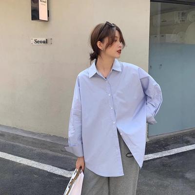 Women's Long-Sleeve Blue & White Shirt: Korean Style, Versatile for Spring & Autumn, Layered Wear