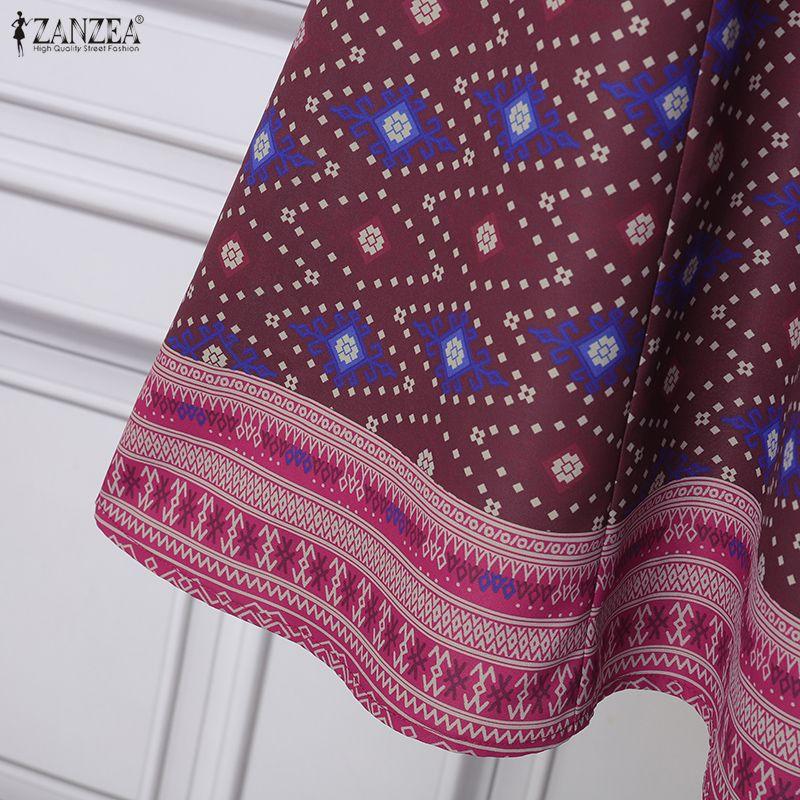 ZANZEA Women Casual Square Collar Short Sleeve Retro Print A-Line Dress