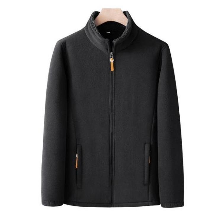 Solid Color Men Coat Stand Collar Cardigan Jacket Polar Fleece Lining Long Sleeve Zipper Placket Daily Wear Outwear