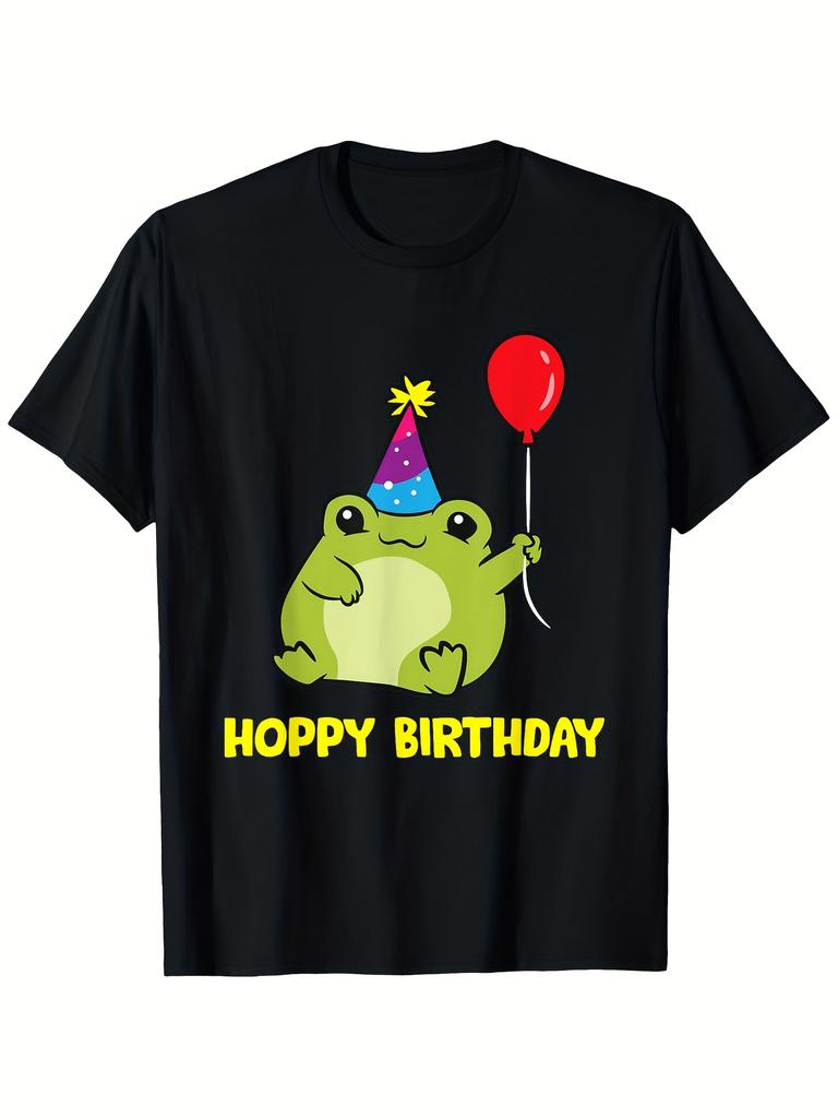 Unisex T-shirt Happy Birthday Frog Print T-Shirt - Black and Yellow Print Unisex Casual Street Style Sh