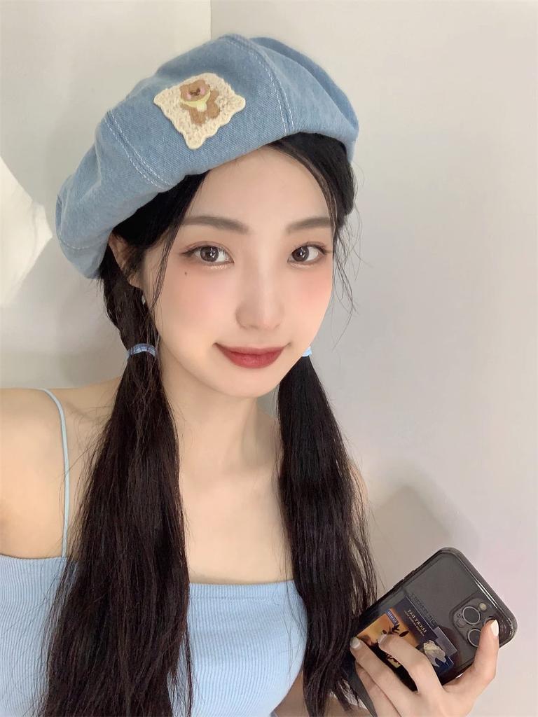 Bear Sticker~ New Denim Beret Women's Summer Thin Breathable Retro Sweet Versatile Fashion Painter Hat