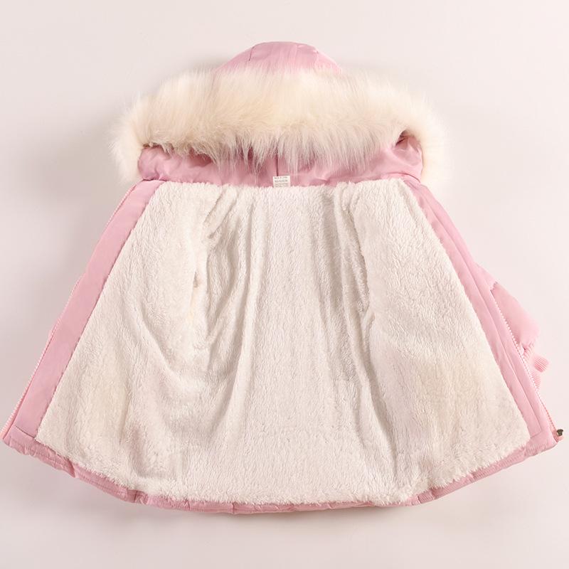 Flores Otoño Invierno Chaqueta Niñas Cuello de Piel Mantener Caliente Abrigo Princesita Capucha Cremallera Ropa Exterior Bebé 1-5 Años Ropa Niños
