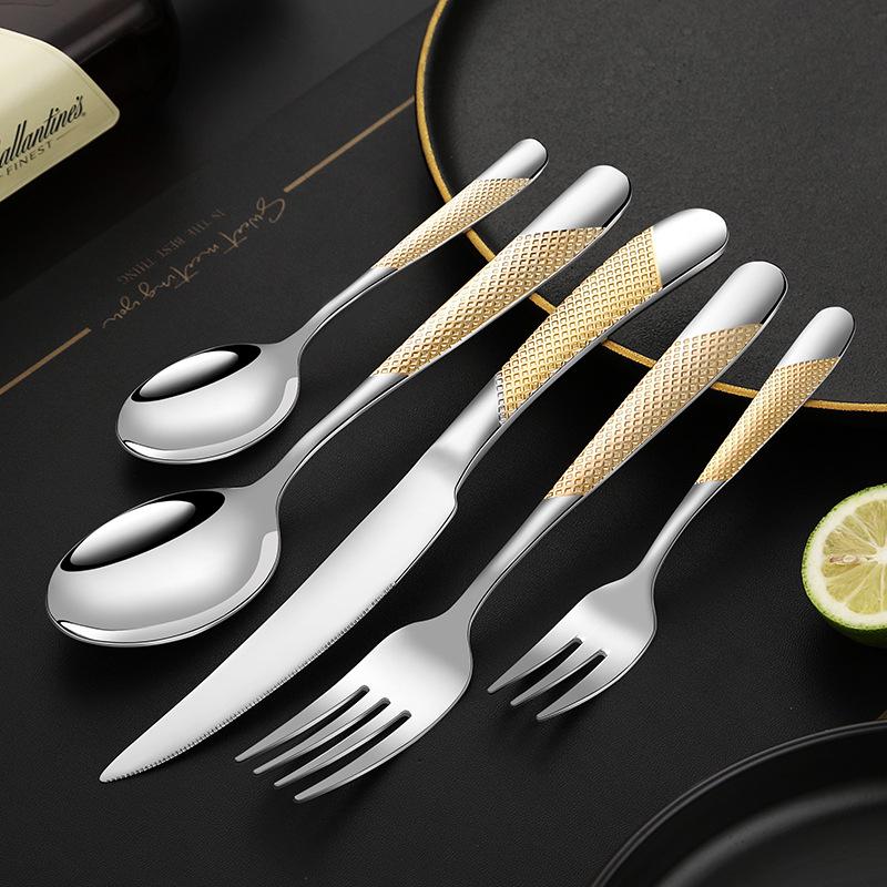Star Diamond Stainless Steel Gold-Plated Flatware Set: Luxury Knife, Fork, and Spoon for Upscale Dining.