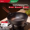 28cm Iron Wok Non-Coated Stir Fry Pan Cast Iron Flat Bottom Non-Stick Gas and Induction Cooker Compatible with Spatula