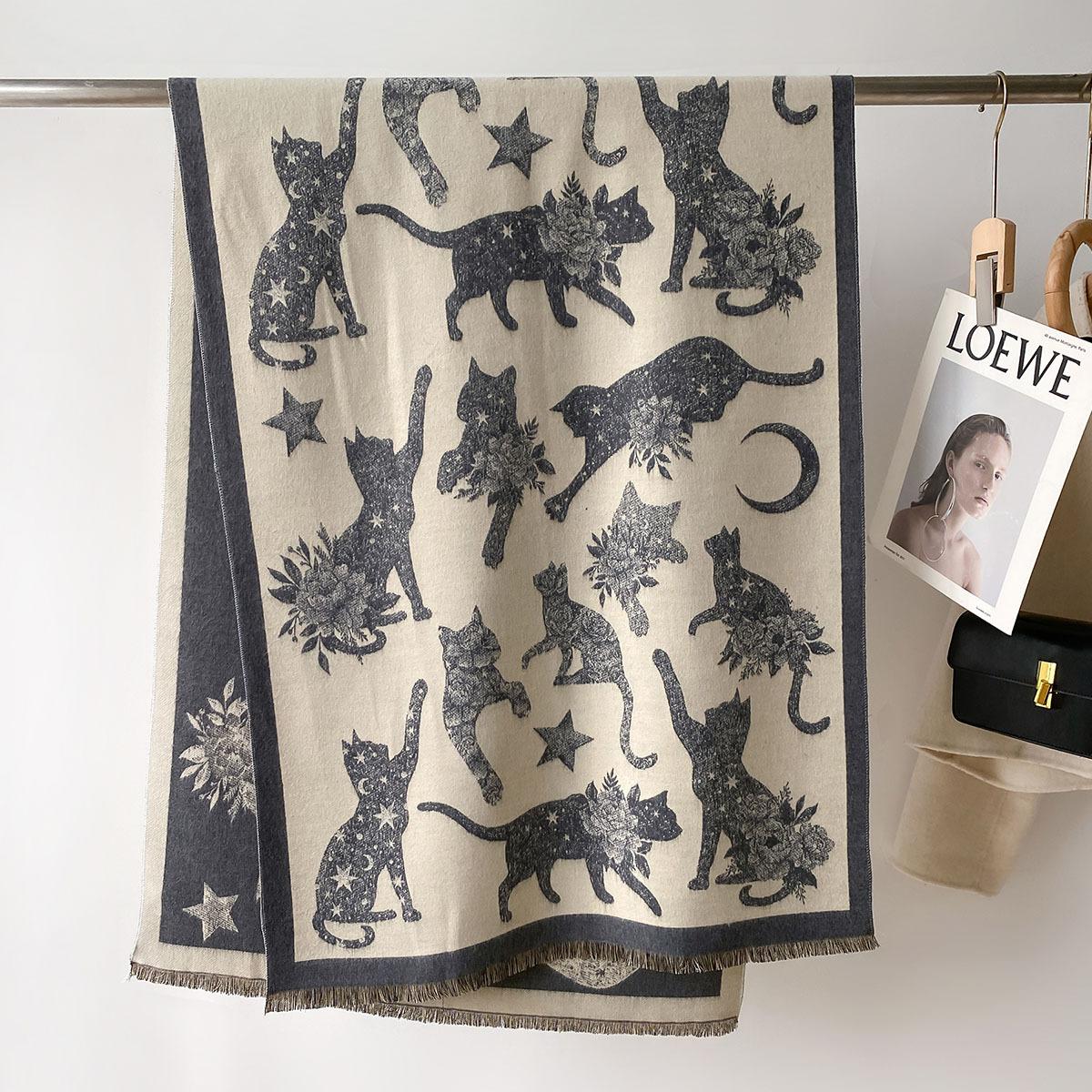 Hiver Femmes Écharpe Mignonne Imprimé Chat Design de Luxe Double Face Écharpe Cachemire Épais Chaud Châle Couverture Bufanda Poncho Étole 66X186cm gray