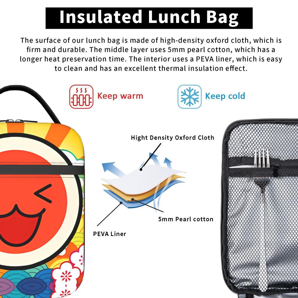 Taiko No Tatsujin Lunch Bag For Girls  Graphic Design Picnic Lunch Box Cute Convenient Oxford Cooler Bag