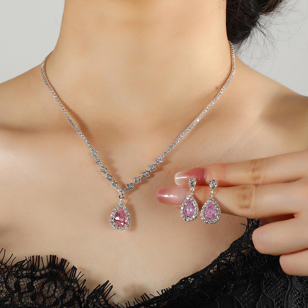 Elegantes Zirkon Tropfenanhänger Halsketten- & Ohrring-Set für Damen
