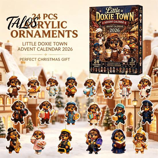 Dachshund Themed Party Supplies 2026 Christmas Advent Calendar, 24 Day Countdown Box with 2D Miniature Puppy Character Set Acrylic Ornaments, Festive