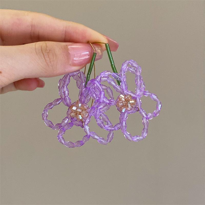 Vacation Beaded Flower Earrings, Western Exaggerated Handmade Woven Glass Crystal Floral Drop Ear Jewelry фиолетовый