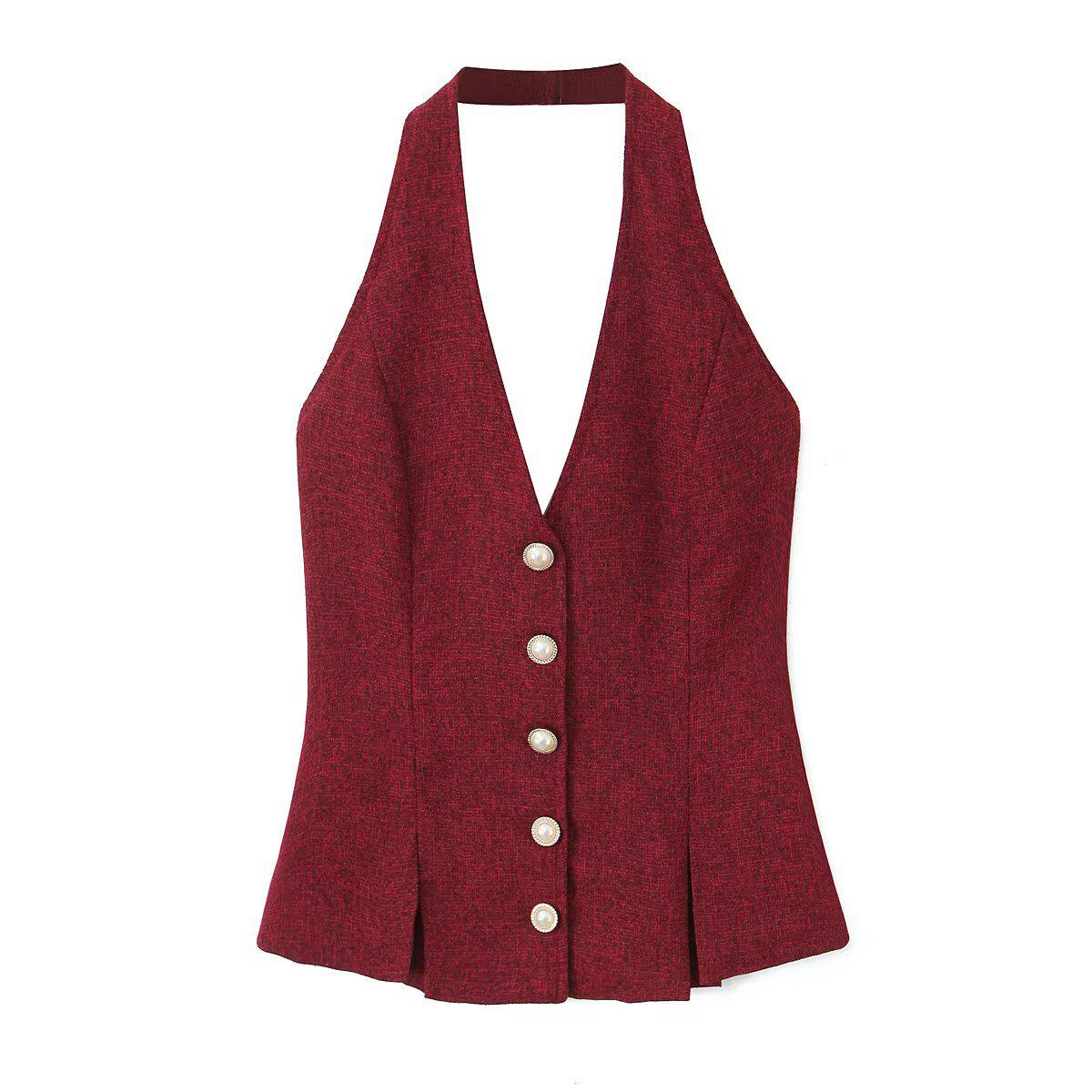 

Весна 2025 Женская европейская и американская мода: Простой топ-халтер крупной вязки с жемчужной пуговицей Medium красный