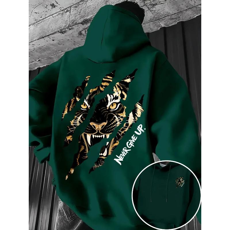 Comfort Warm Fleece Men Hoodie Tiger Scratch Graphic Never Give Up Slogan Back Print Outdoor Sports Casual Hooded Sweatshirt