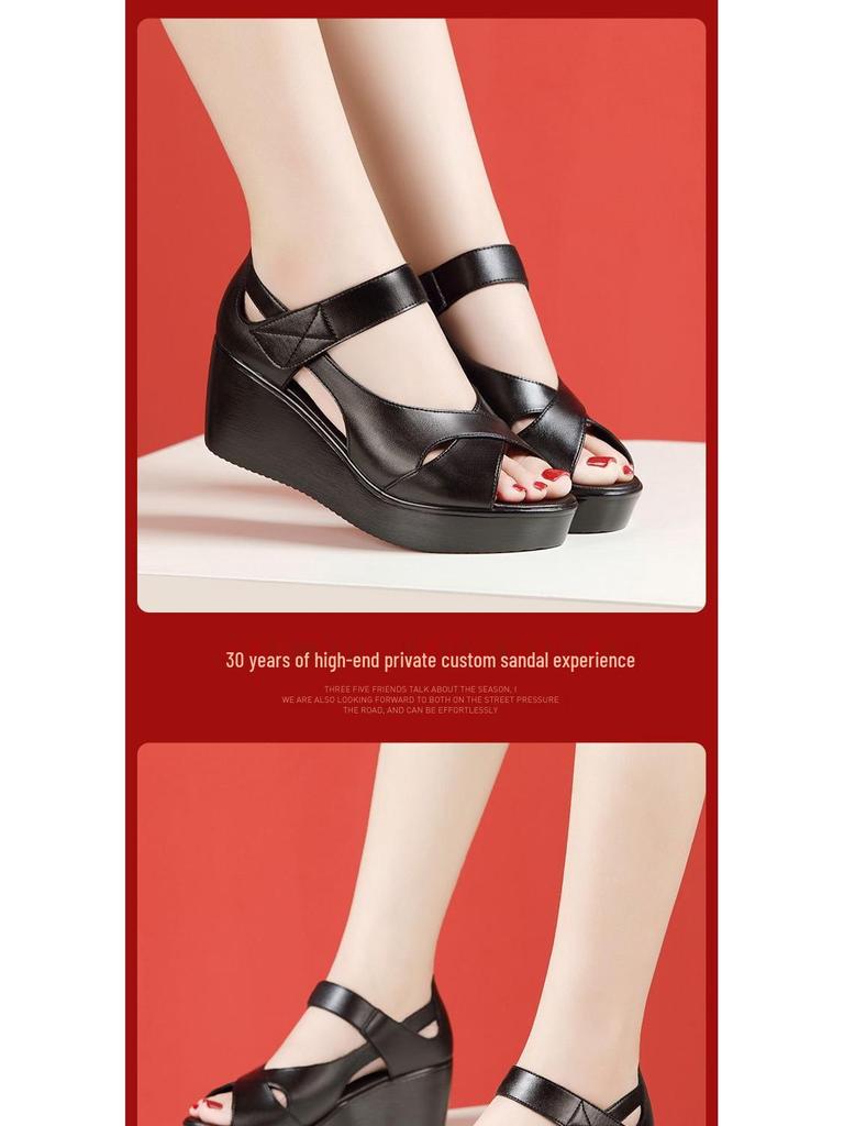 New Summer Thick Sole Open-Toe One-Strap Cutout Roman Wedge Sandals for Mid-Aged & Elderly Mothers