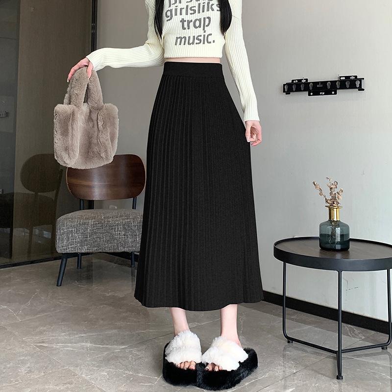 Knitted Pleated Skirt for Women Mid Length High Waisted and Slimming A-line Skirt