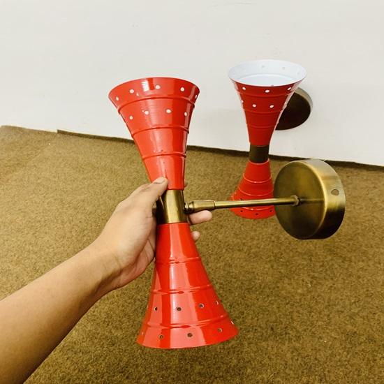 2 Pairs of Bulbs Pair of Wall Sconces, Mid Century Brass, Italian Diabolo Light, 1950's,