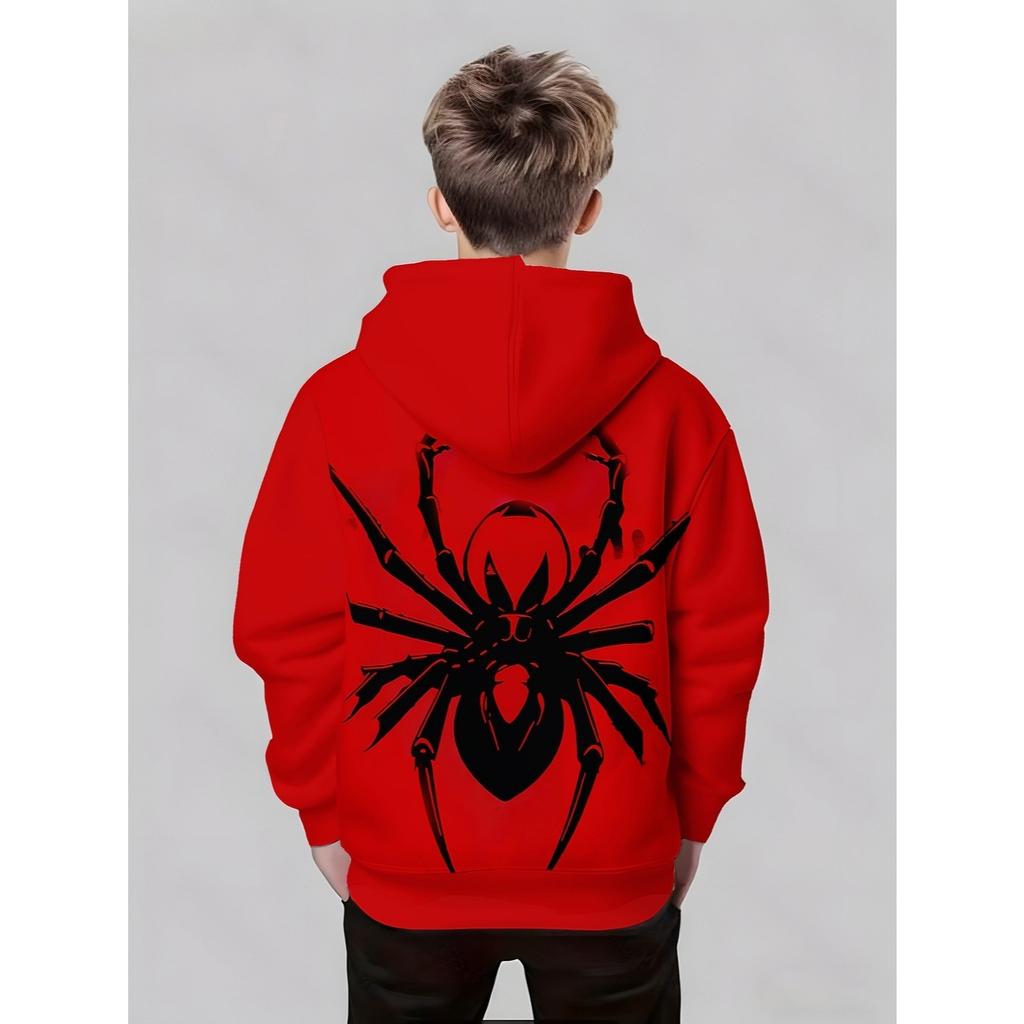 Boys' Red Hoodie - Black Spider Pattern and Graffiti Design, Spring and Autumn Casual Long Sleeve Hoodie