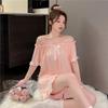 Sommer Jenter Todelt Kortermet Pyjamas med Båtutringning Sløyfe Ensfarget Dame Hjemmeklær av Tynn Myk Elastisk Løs Hjemmebekledning