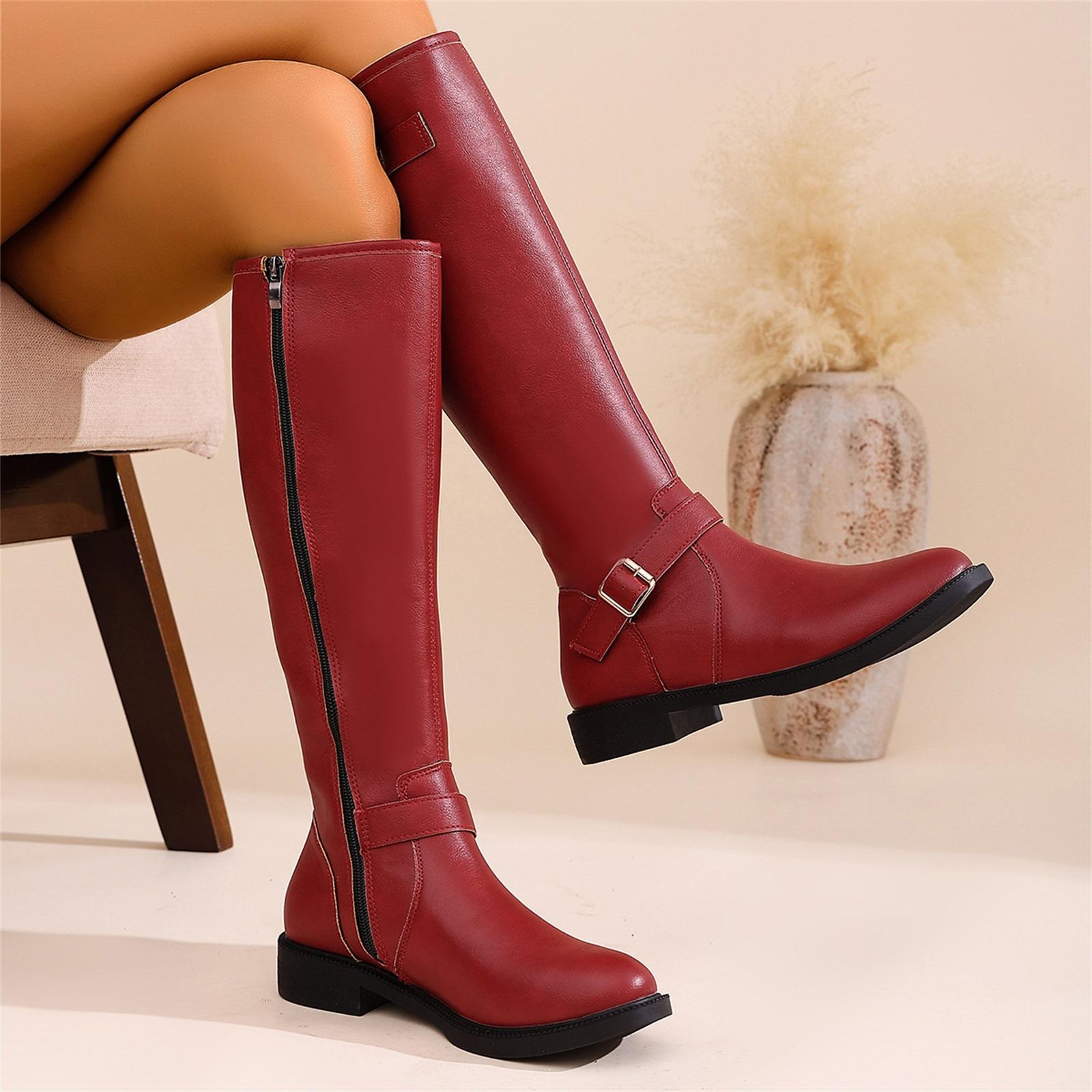 

Women s Fashion Belt Buckle Round Toe Oversized Long Boots 40